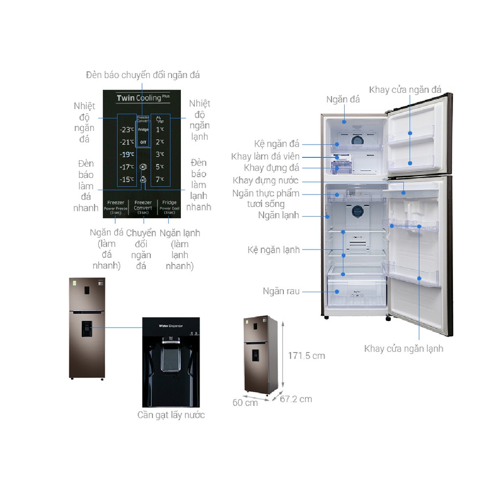 Tủ lạnh Samsung RT38K5930DX/SV Inverter 380 lít, Lấy nước bên ngoài ,Điện năng tiêu thụ:~ 1.22 kW/ngày