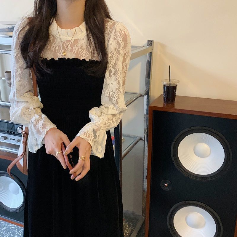 Đầm Perty nhung phối ren thời trang mùa thu Hàn Quốc cho nữ