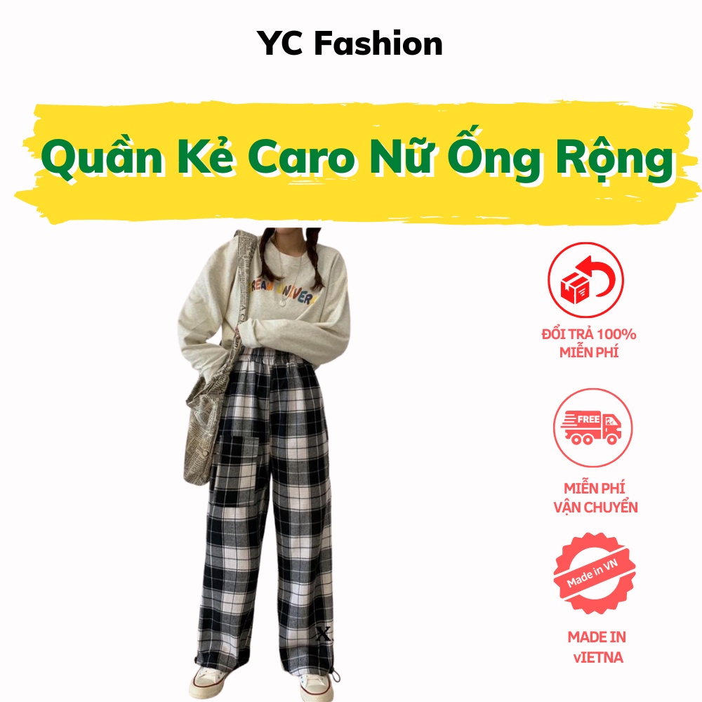 Quần Kẻ Caro Nữ Ống Rộng 💖YC Fashion💖 Quần Dáng Rộng Ống Suông Ulzzang Cạp Chun Lưng Cao Full Màu SP1