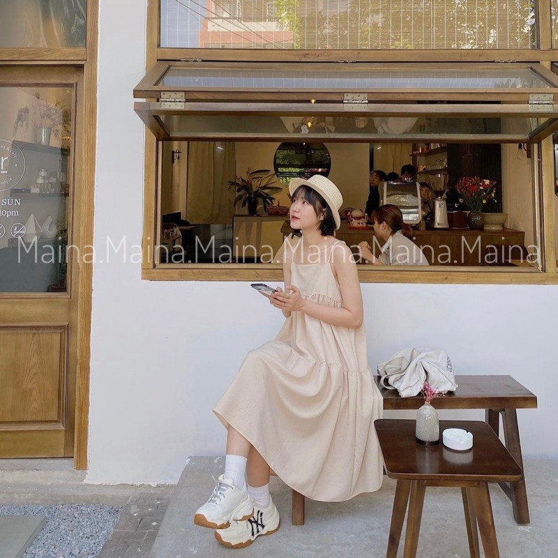 Váy hai dây trơn bồng bềnh dáng suông đũi xốp mát [Ảnh thật/sẵn | BigBuy360 - bigbuy360.vn