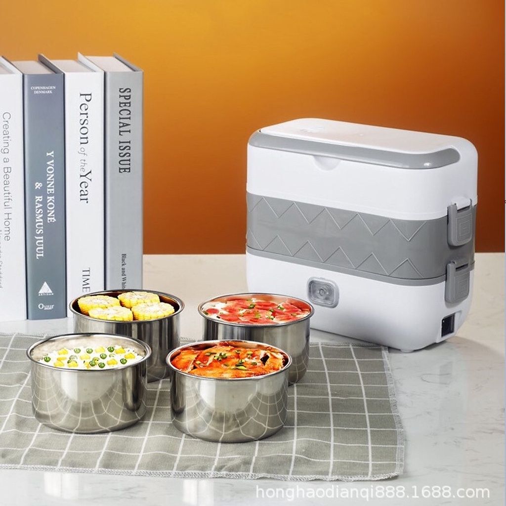 Hộp cơm cắm điện văn phòng 2 tầng 4 bát inox giữ nhiệt, hâm nóng và tự nấu chín nhỏ gọn tiện lợi, dễ mang theo