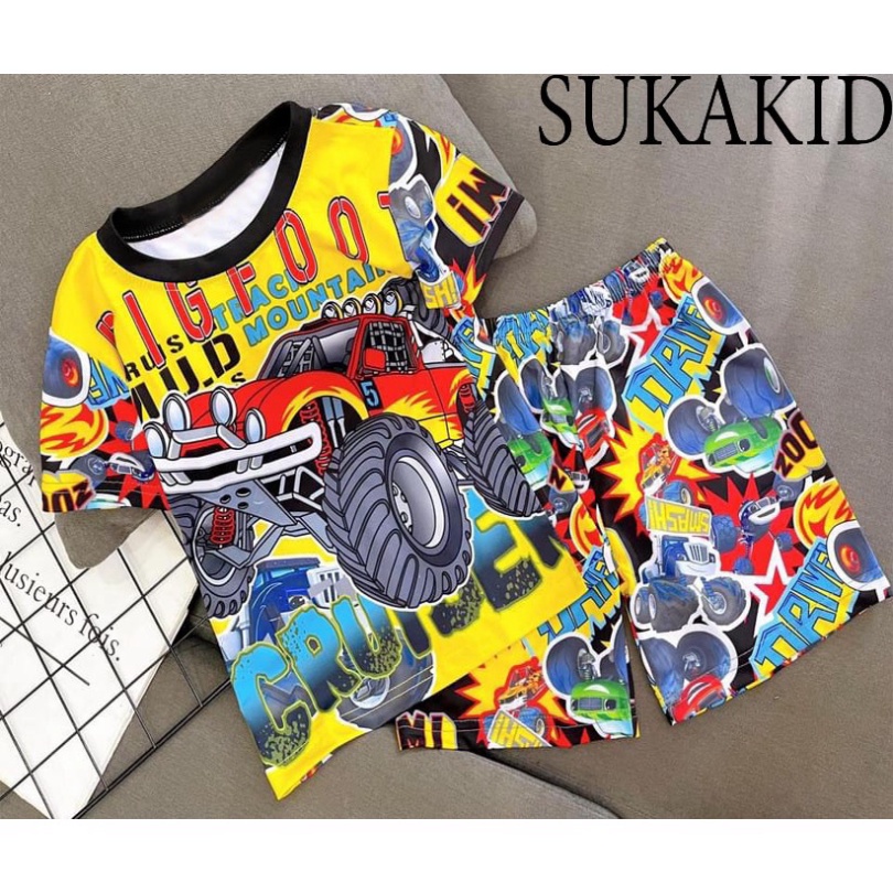 ( Km ) Đồ bé trai in chuyển nhiệt 3D chất liệu thoáng co giãn 4 chiếc xe,Among.pikachu cho bé từ 6kg đến 40kg.TN02.