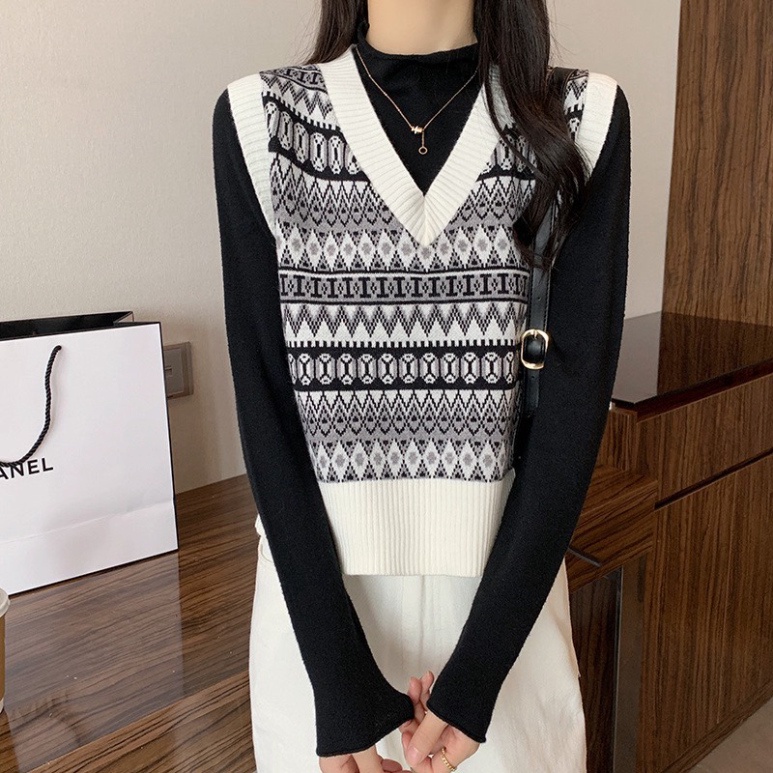 áo gile len,áo ghile thổ cẩm hoạ tiết đen trắng hàng quảng châu cao cấp A650 Noiyxanh nội y xanh chất len quảng châu