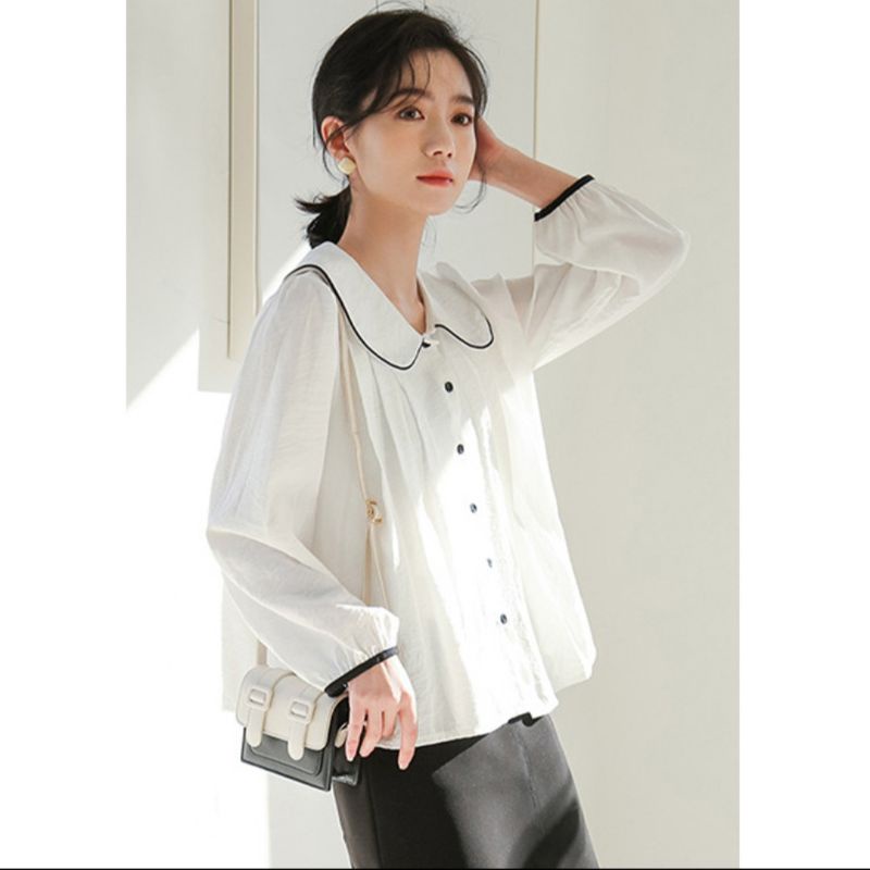 áo sơ mi cổ sen viền đen vintage ảnh thật
