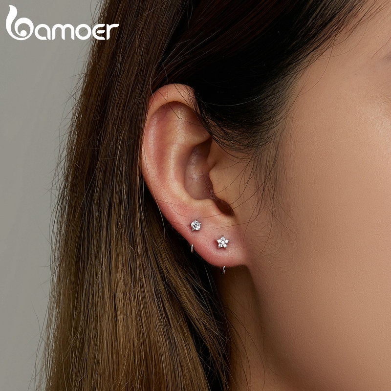 Set 2 đôi khuyên tai BAMOER bạc 925 kiểu ngôi sao thời trang