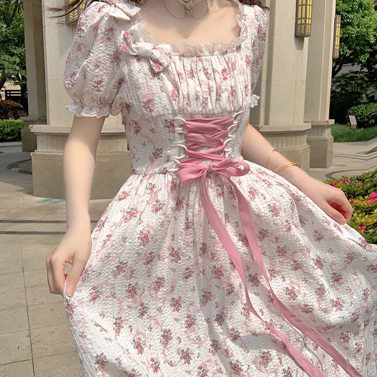 Đầm Dài Lưng Cao Thắt Nơ Họa Tiết Hoa Đào Phong Cách Pháp Thời Trang Mùa Hè Cho Nữ