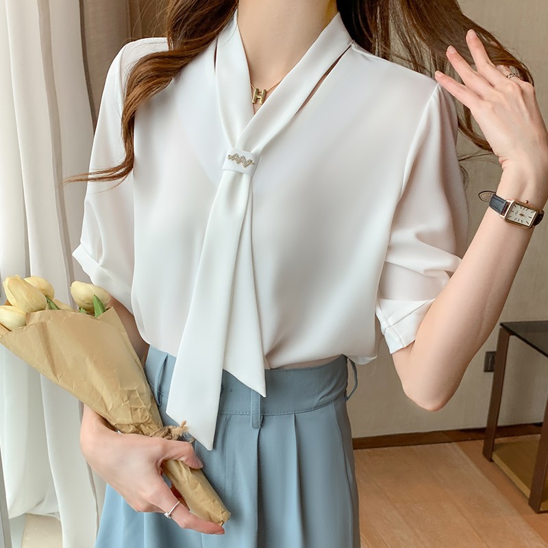 Áo sơ mi vải voan tay ngắn màu trơn thời trang mùa hè phong cách Hàn Quốc dành cho nữ