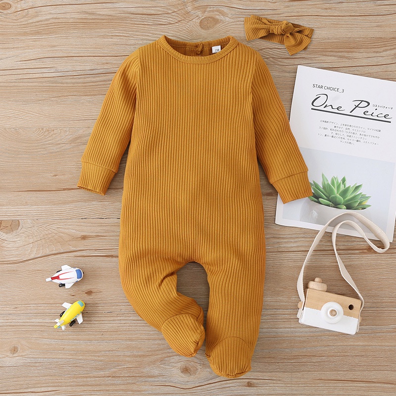 Body Tay Dài Cho Bé Trai Bé Gái Sơ Sinh 0-9 Tháng,Bodysuit Liền Thân Kèm Băng Đô Cài Tóc Màu Trơn Dễ Thương