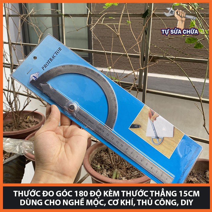 Thước đo góc 180 độ kèm thước thẳng 15cm dùng cho nghề mộc, cơ khí, thủ công, DIY