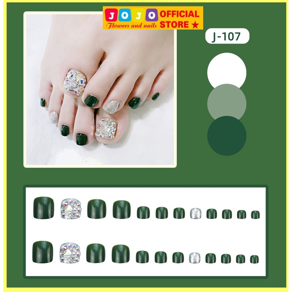 Móng chân giả xanh nhũ đính đá J107 kèm keo dán tại nhà, độc đáo, cá tính