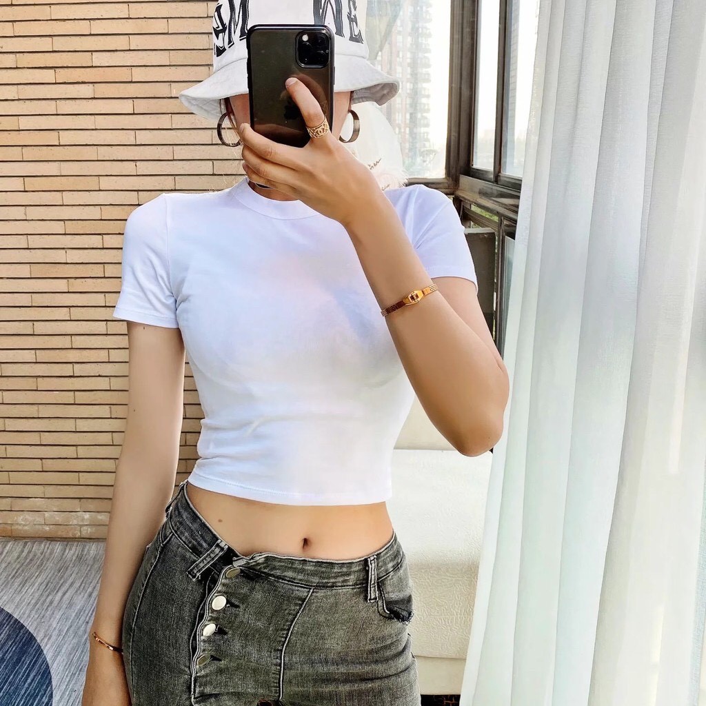 Áo Thun Croptop Nữ Tay Ngắn Cổ Tròn Cao Form Ôm Body Màu Trắng | BigBuy360 - bigbuy360.vn