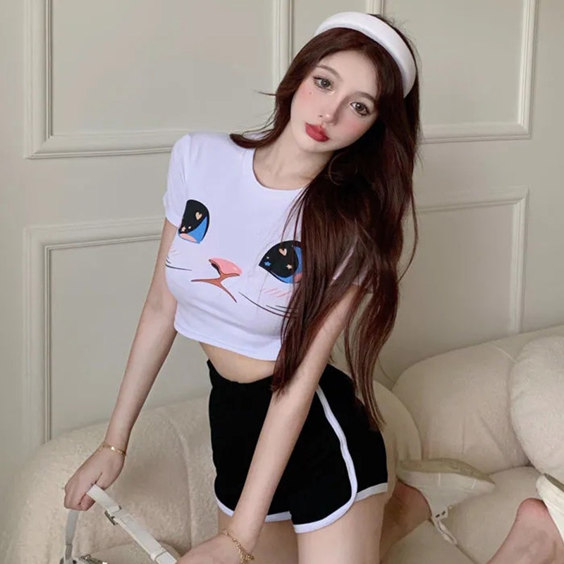 Women's Korean Print Slim Crop Tops+High Waist Shorts Two-piece Suit Casual Sports Hot Pants 2PCS Set