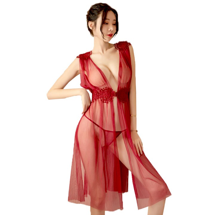 Đầm ngủ nữ hoàng quyến rũ váy ngủ màu đỏ xẻ tà xẻ ngực xuyên thấu sexy