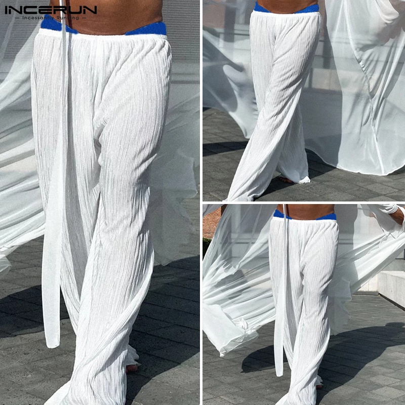 Quần dài ống rộng lưng thun INCERUN họa tiết kẻ sọc thời trang cho nam