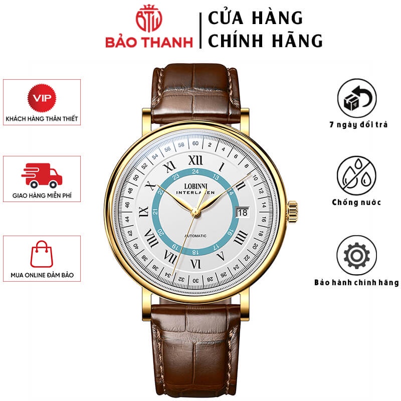Đồng Hồ Nam LOBINNI No.15006-1 Chính Hãng BH 24T Chịu Nước 50m Kính Chống Xước Dây Da Cao Cấp (Máy Cơ Tự Động)