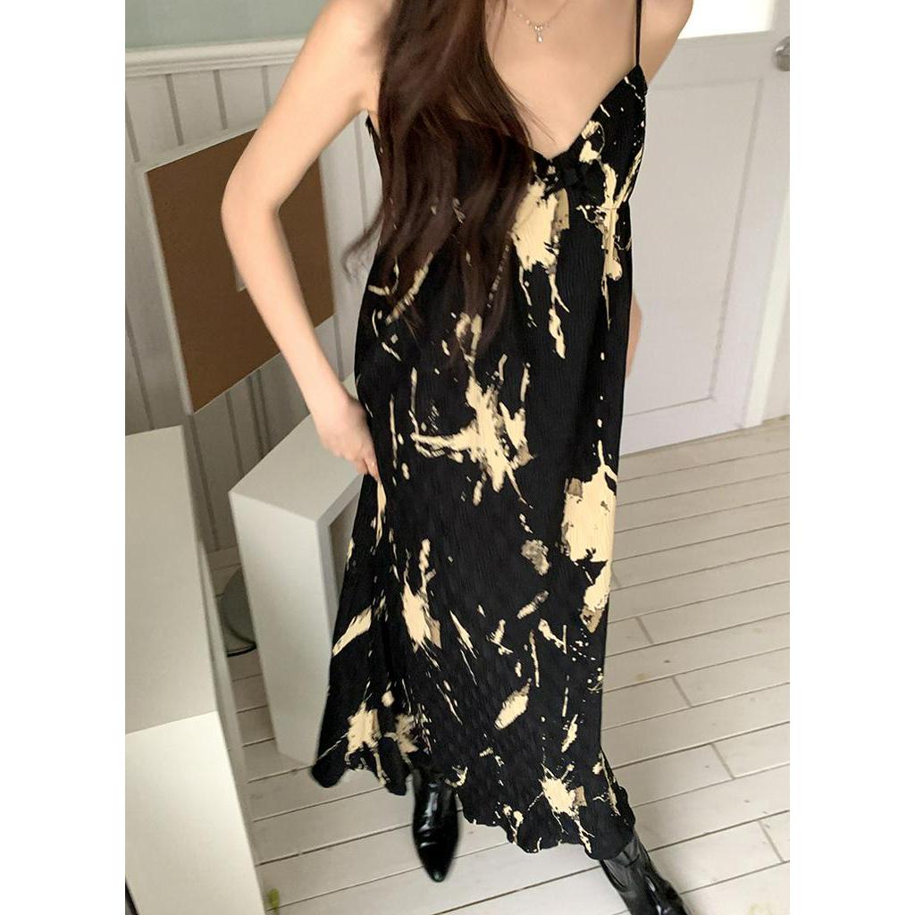 63551 Mùa Hè Phong Cách Mới In Váy Hai Dây Màu Đen