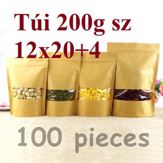 12x20 - 100 Túi Zipper Giấy kraft đáy bầu dục phủ bóng, đựng được nước có cửa sổ Đáy Đứng (đựng khoảng 200g đậu hạt)