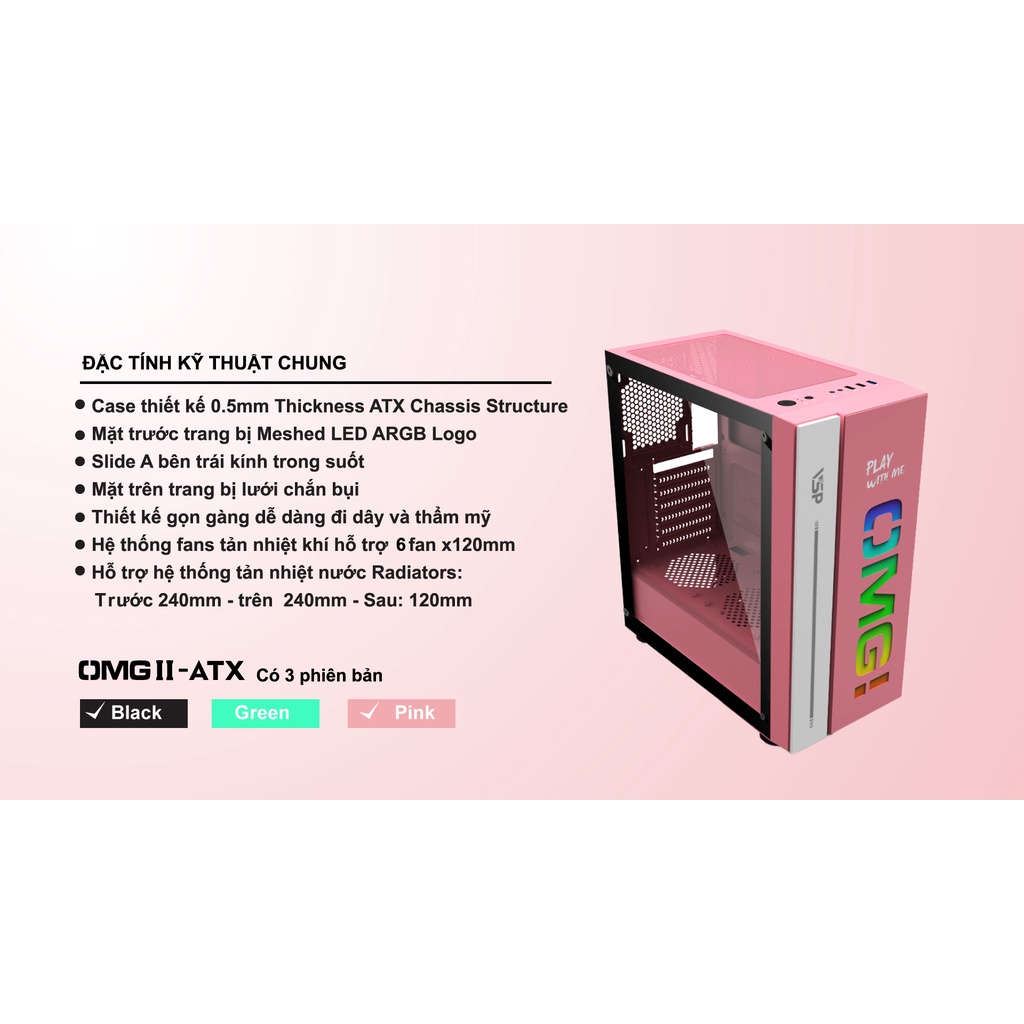 Vỏ Case Gaming VSP OMG-II ATX Pink (Màu Hồng) - Sẵn LED RGB Mặt Trước - Hàng Chính Hãng