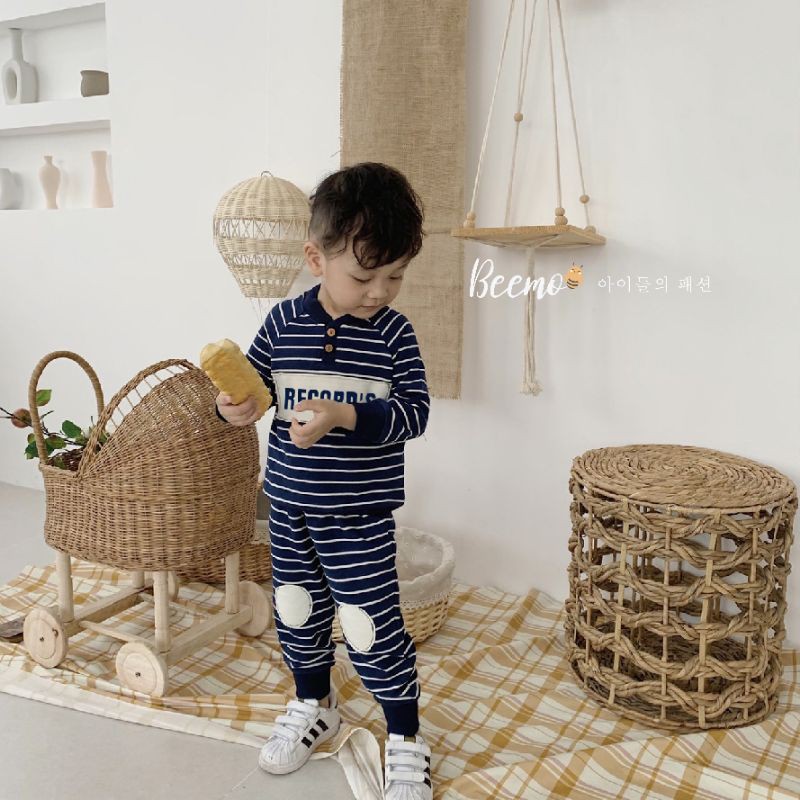 Bộ cotton da cá dài tay hoạ tiết kẻ ngang cá tính