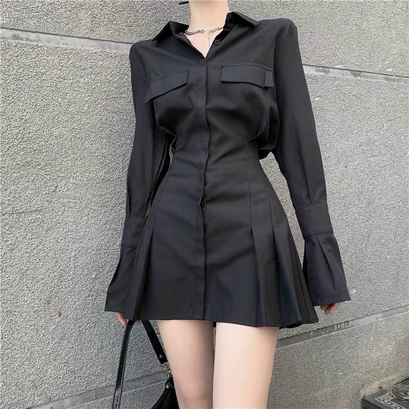Đầm sơ mi cổ chữ V tay dài,váy thiết kế cao cấp Polo cotton mịn kèm dây buộc eo tiểu thư dự tiệc dạo phố XM Minh Phúc