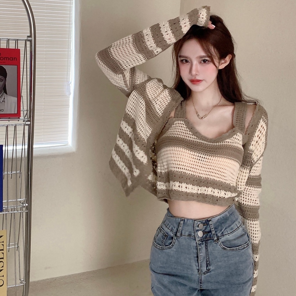 SUXI Áo Croptop Dệt Kim Tay Dài Kẻ Sọc Phong Cách Hàn Quốc