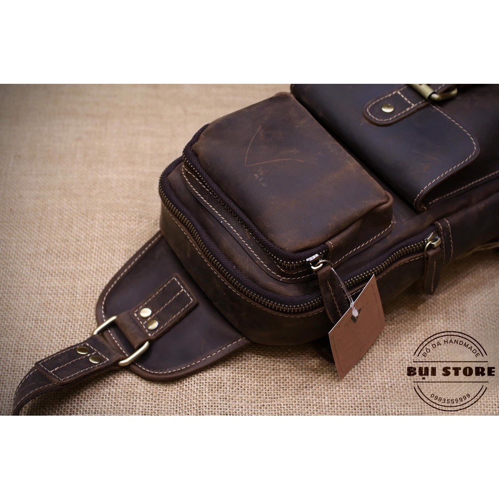Túi đeo chéo trước ngực , Túi nam da thật 100% da bò sáp Handmade khâu tay thủ công BH 3 năm