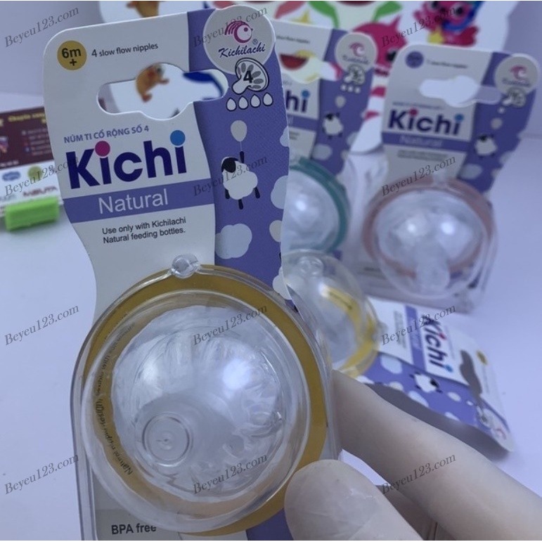 Vỉ 2 Núm ti Silicone Cổ Rộng Cao Cấp Natural Kichi / Dùng chung với Bình sữa Avent / Kichilachi