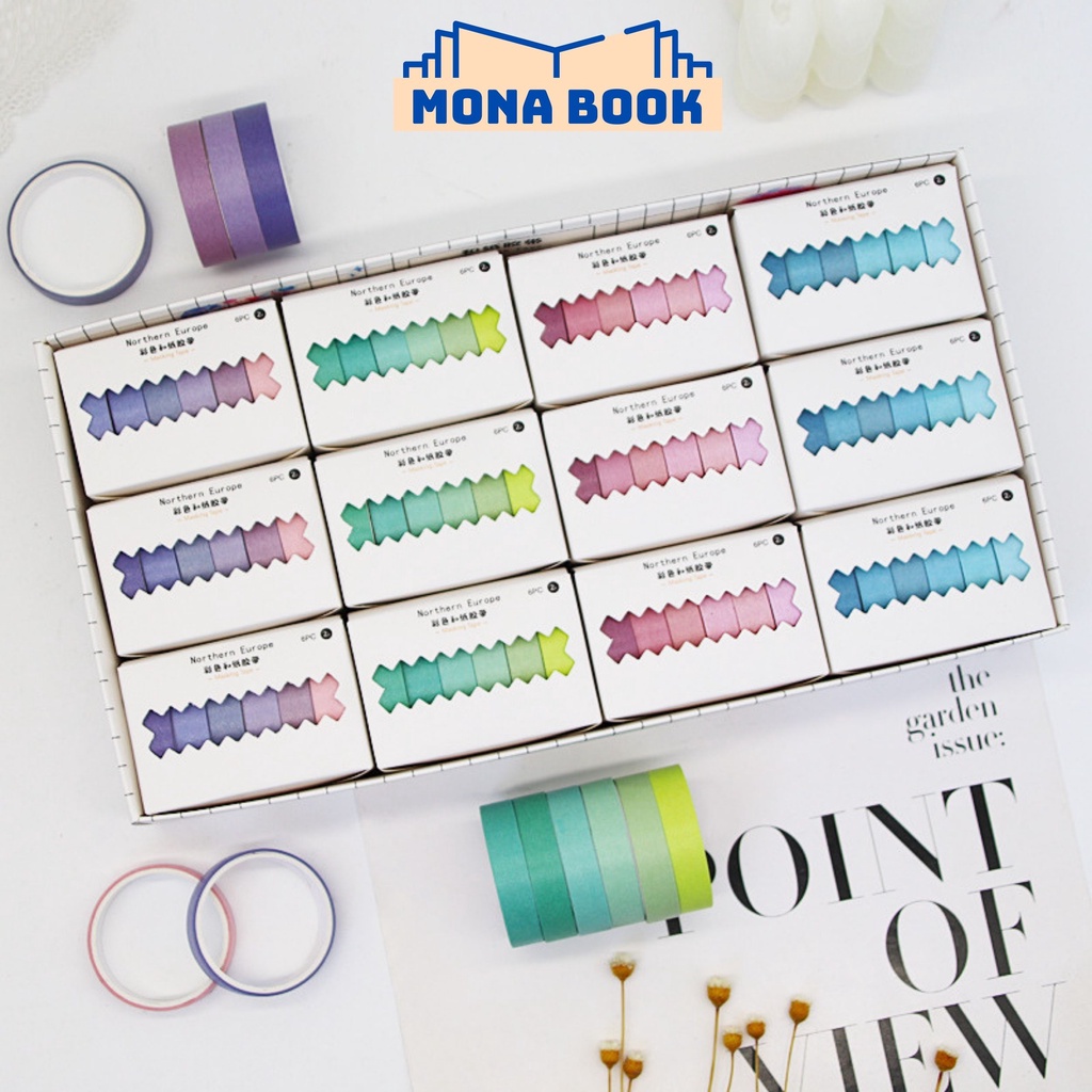 Set 6 cuộn băng washi tape màu trơn morandi, washi tape Monabook đặc biệt giá rẻ