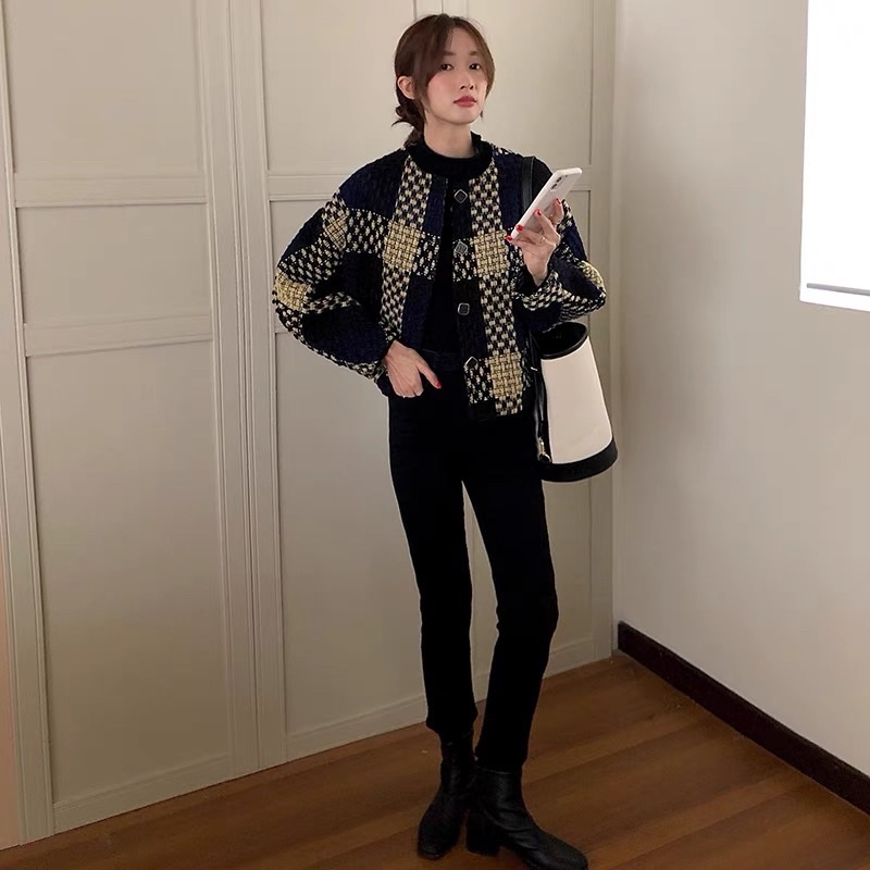 Áo khoác dạ tweed kẻ dọc phong cách Hàn quốc thu đông