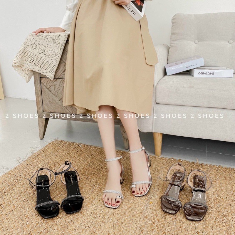 Giày sandal cao gót quai mảnh đính đa xỏ ngón da bóng gót tháp 4p siêu hot