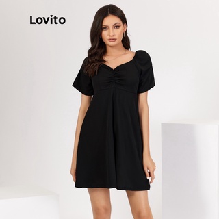 Đầm Lovito cổ chữ V xếp nếp màu trơn phong cách thường ngày L18X218 (Màu đen)