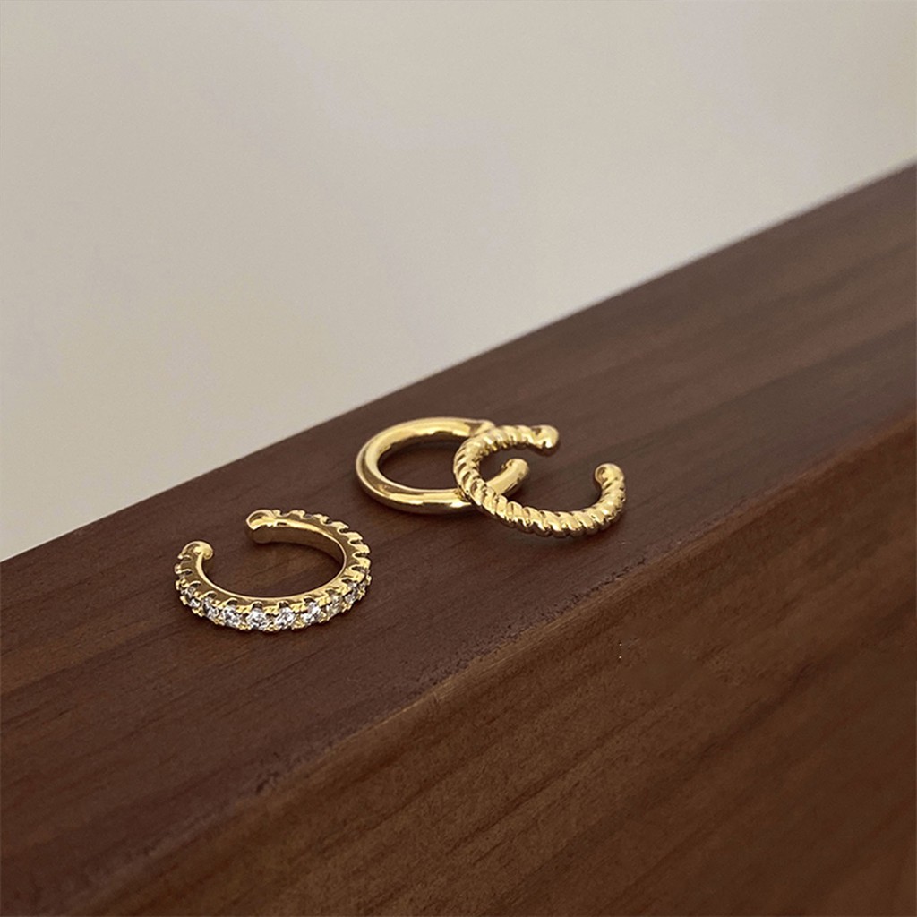 Big Set Ba Món Khuyên Tai Dạng Kẹp Cao Cấp Tinh Tế Đơn Giản Không Xỏ Đính Kim Cương Thời Trang Mùa Đông Cá TíNh Cho Nữ