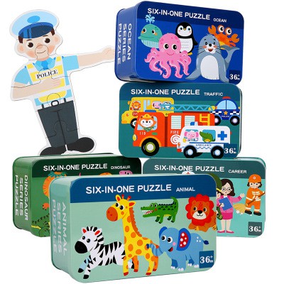 Hộp đồ chơi ghép hình 6 trong 1 PUZZLE nhiều chủ đề cho bé(loại hộp sắt dày)