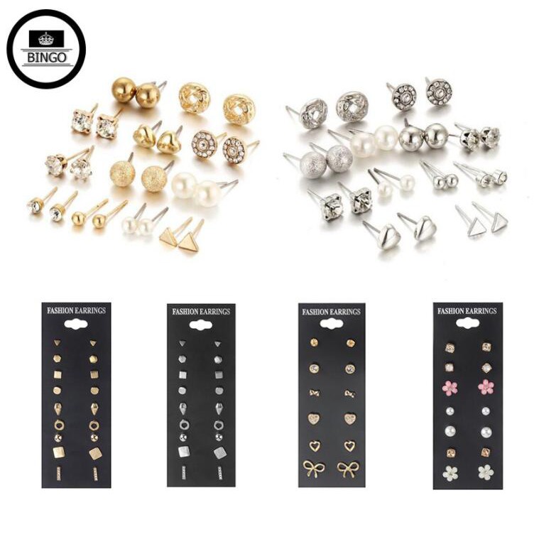 Bộ 12 Khuyên Tai Bằng Zicon Hình Trái Tim Đính Đá Lấp Lánh Nữ Tính
