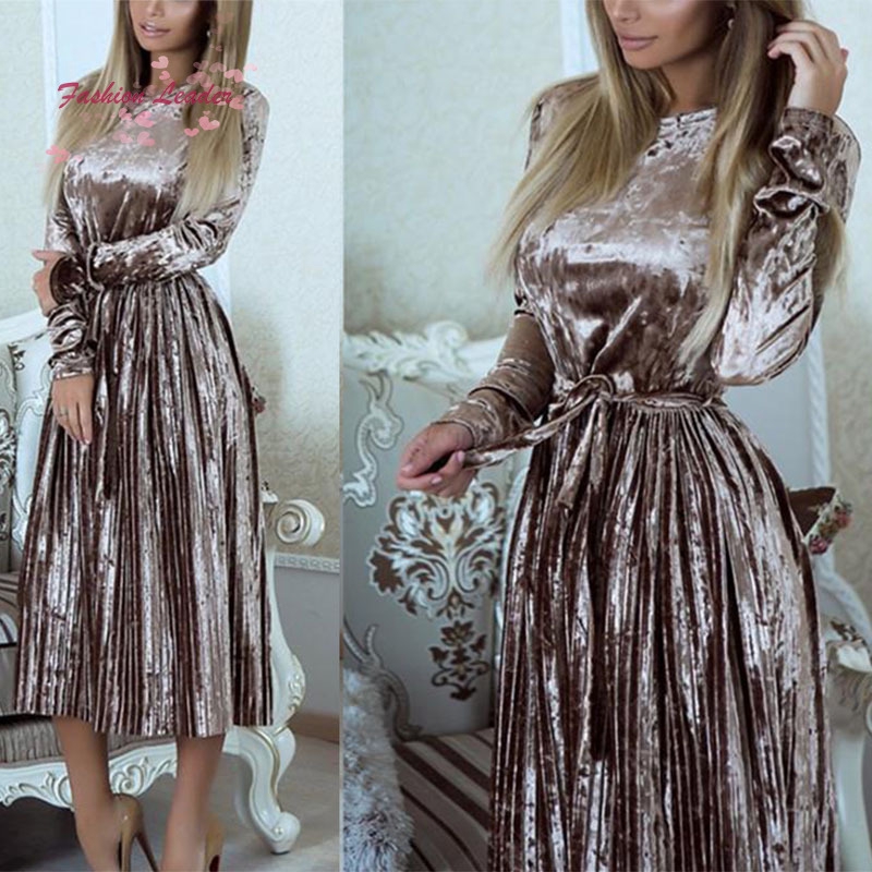 Đầm nhung cổ tròn tay dài phối dây cột thắt lưng thời trang cho nữ | BigBuy360 - bigbuy360.vn