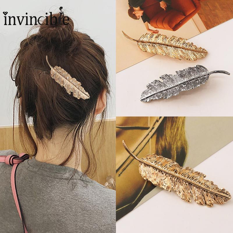 Kẹp Tóc Hình Lông Vũ Bằng Kim Loại Phong Cách Vintage Thanh Lịch Cho Nữ