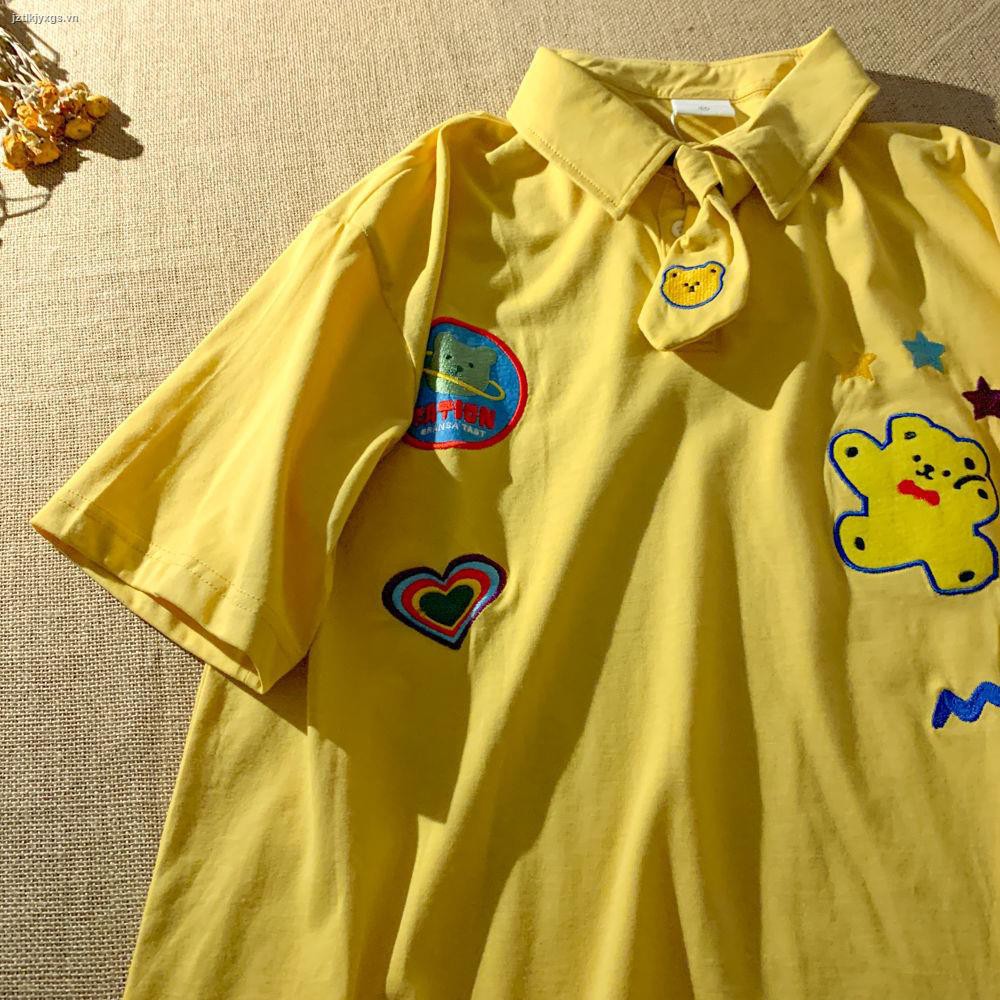 ♞☌✟Super cute pattern embroidery polo shirt short sleeve T-shirt female cartoon Harajuku style couple design sense lapel top trend