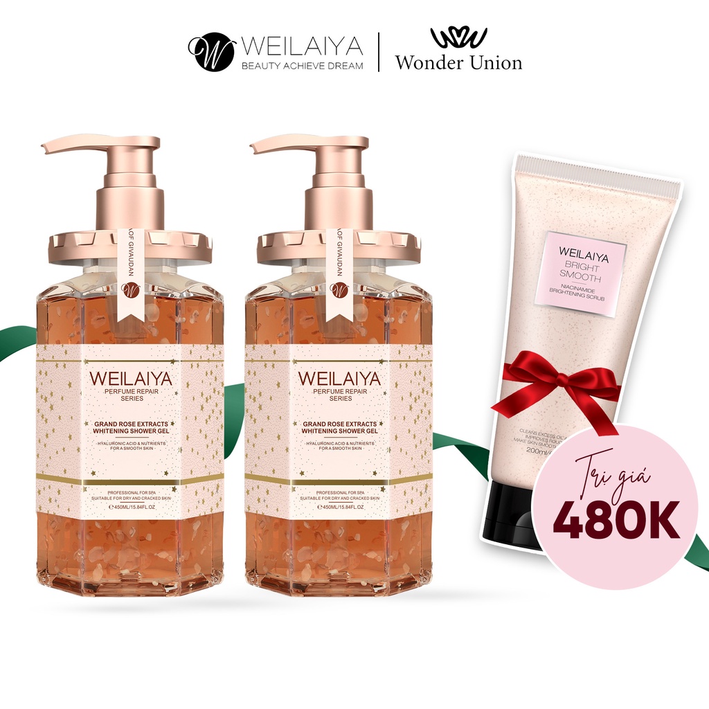 Combo 2 chai Sữa tắm trắng da cánh hoa hồng Damask Weilaiya Grand Rose Extracts Whitening Shower Gel 450ml tặng ủ trắng