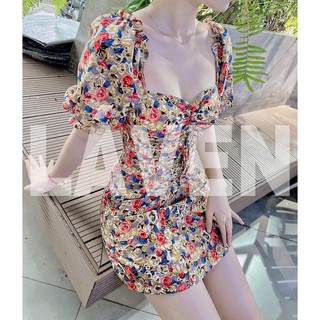 [SIÊU RẺ] Đầm lụa hoa nhún tay