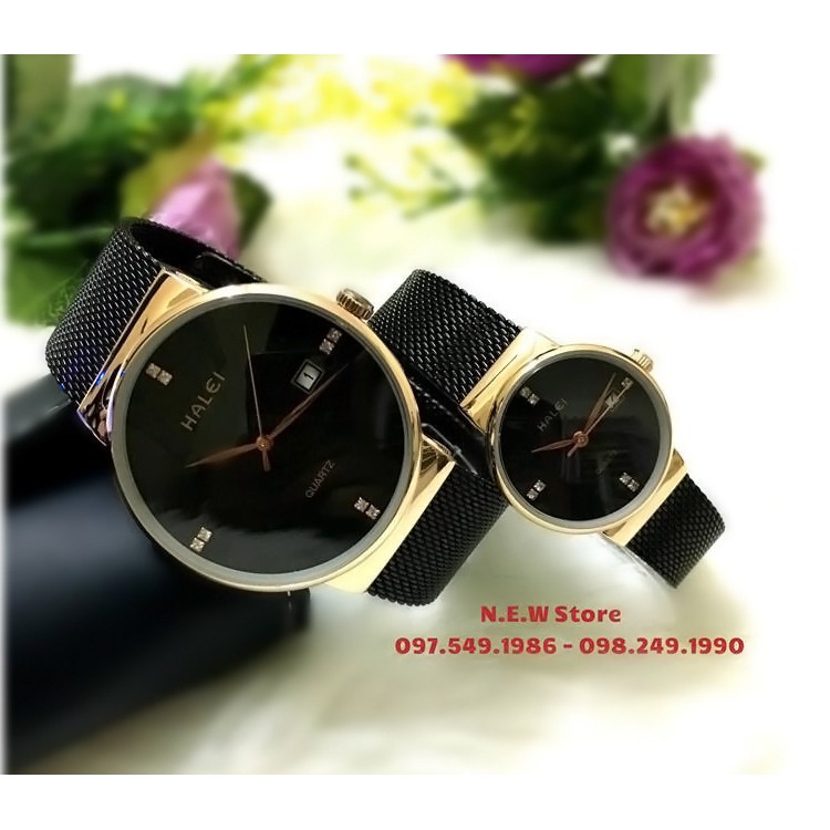Đồng hồ cặp đôi dây thép lụa Halei Black gold