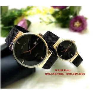 Đồng hồ cặp đôi dây thép lụa Halei Black gold