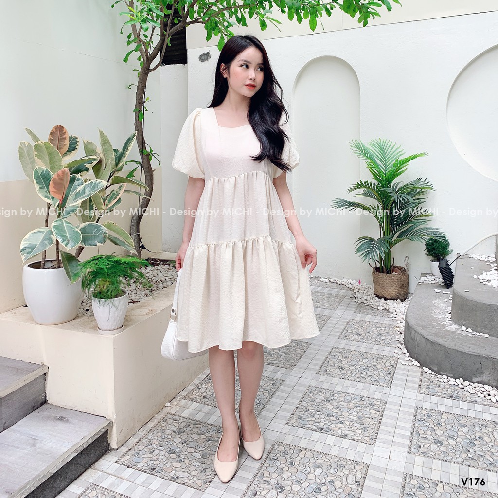 Váy baybydoll 2 tầng, cổ vuông,  tay bo phồng, đầm xuông rộng freesize 3 màu mã V176 - Michi's House | BigBuy360 - bigbuy360.vn