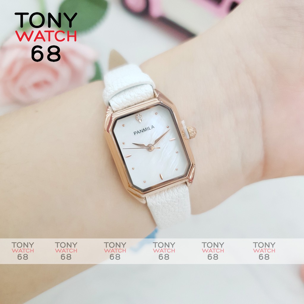 Đồng hồ nữ Panmila dây da mặt vuông mini mạ viền vàng chính hãng Tony Watch 68