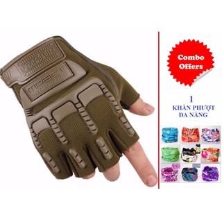 COMBO Găng tay hở ngón kiểu lính (Xanh, Size M) + Khăn phượt đa năng