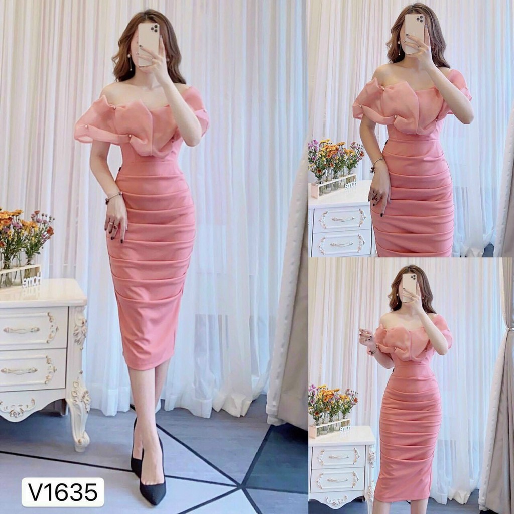 Đầm body trễ vai dáng dài phối voan xếp ly có mút ngực