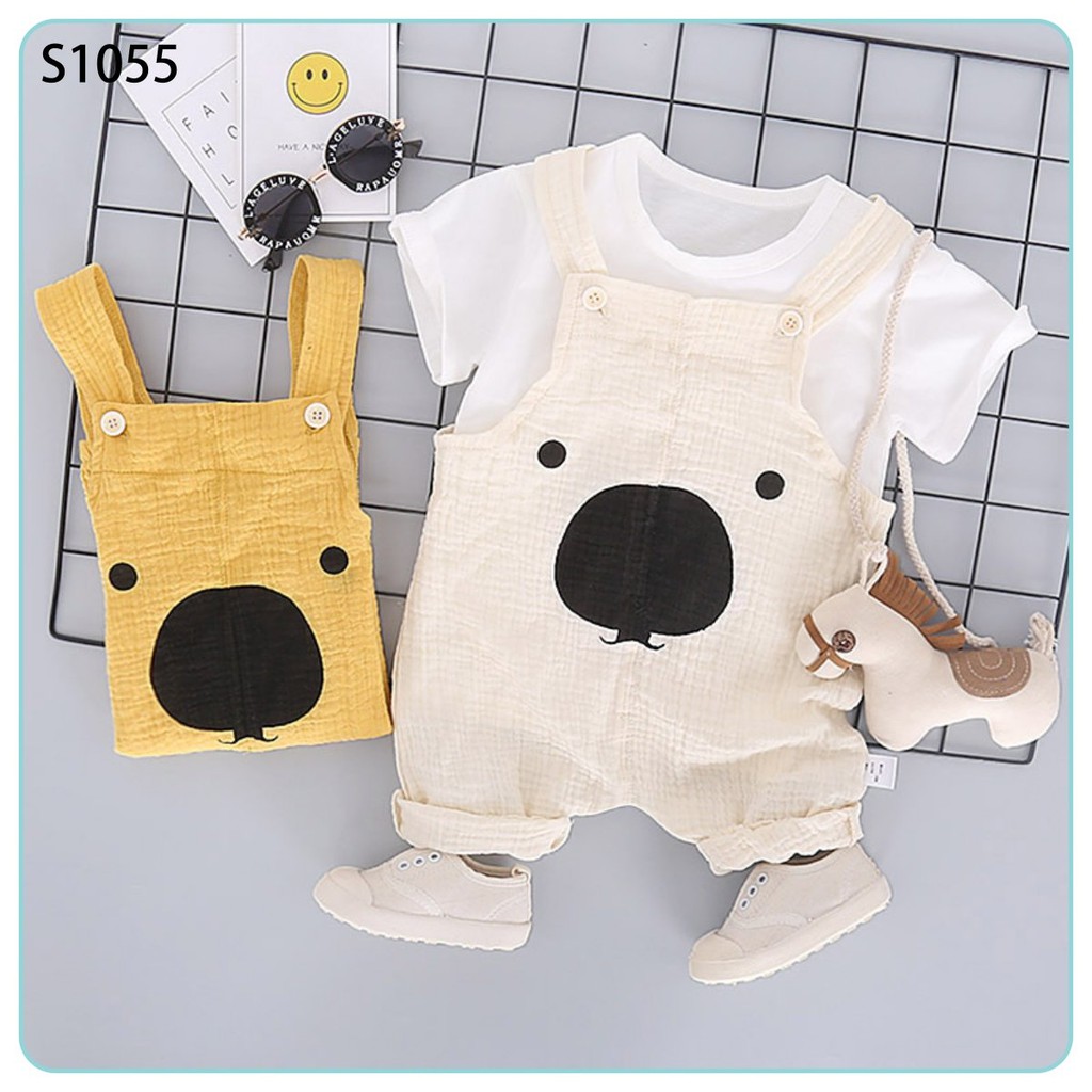 Set áo thun trắng quần yếm kaki mặt gấu túi koala 2 màu vàng nghệ vàng kem cho bé từ 10 tháng 8 ký đến 16 ký