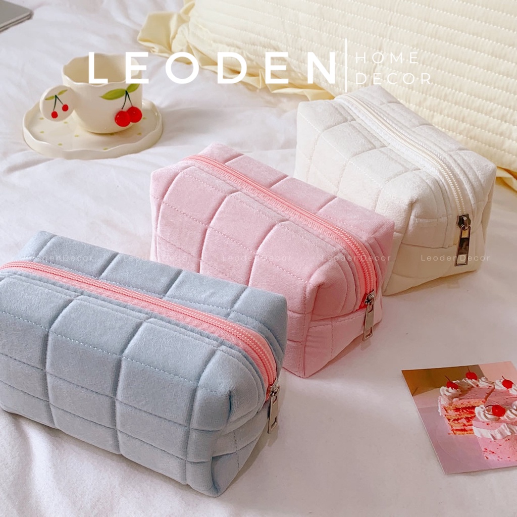 Túi đựng bút vải nhung màu sắc pastel cute, túi đựng mỹ phẩm du lịch nhỏ  – LEODEN DECOR