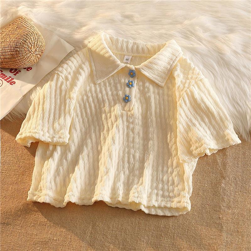 Áo t shirt ngắn tay mùa hè cho nữ cổ polo cúc hoa