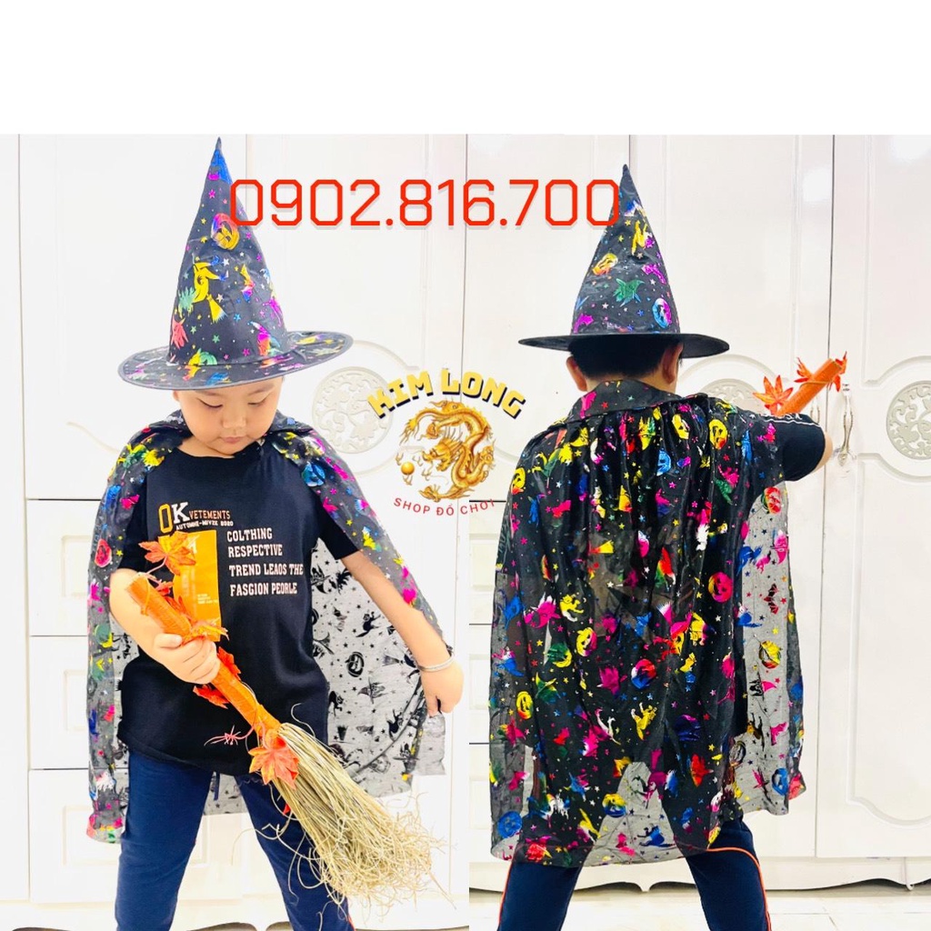 SÉT ÁO CHOÀNG PHÙ THỦY HOA VĂN 7 MÀU KÈM NÓN VÀ CHỔI PHÙ THỦY TRANG PHỤC HÓA TRANG VÀ PHỤ KIỆN TRANG TRÍ HALLOWEEN