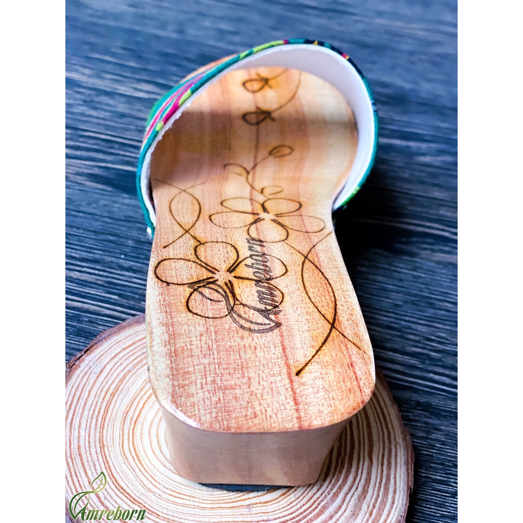 Guốc mộc 5cm, guốc mộc truyền thống, guốc mộc vintage, guốc mộc chăn con công màu xanh